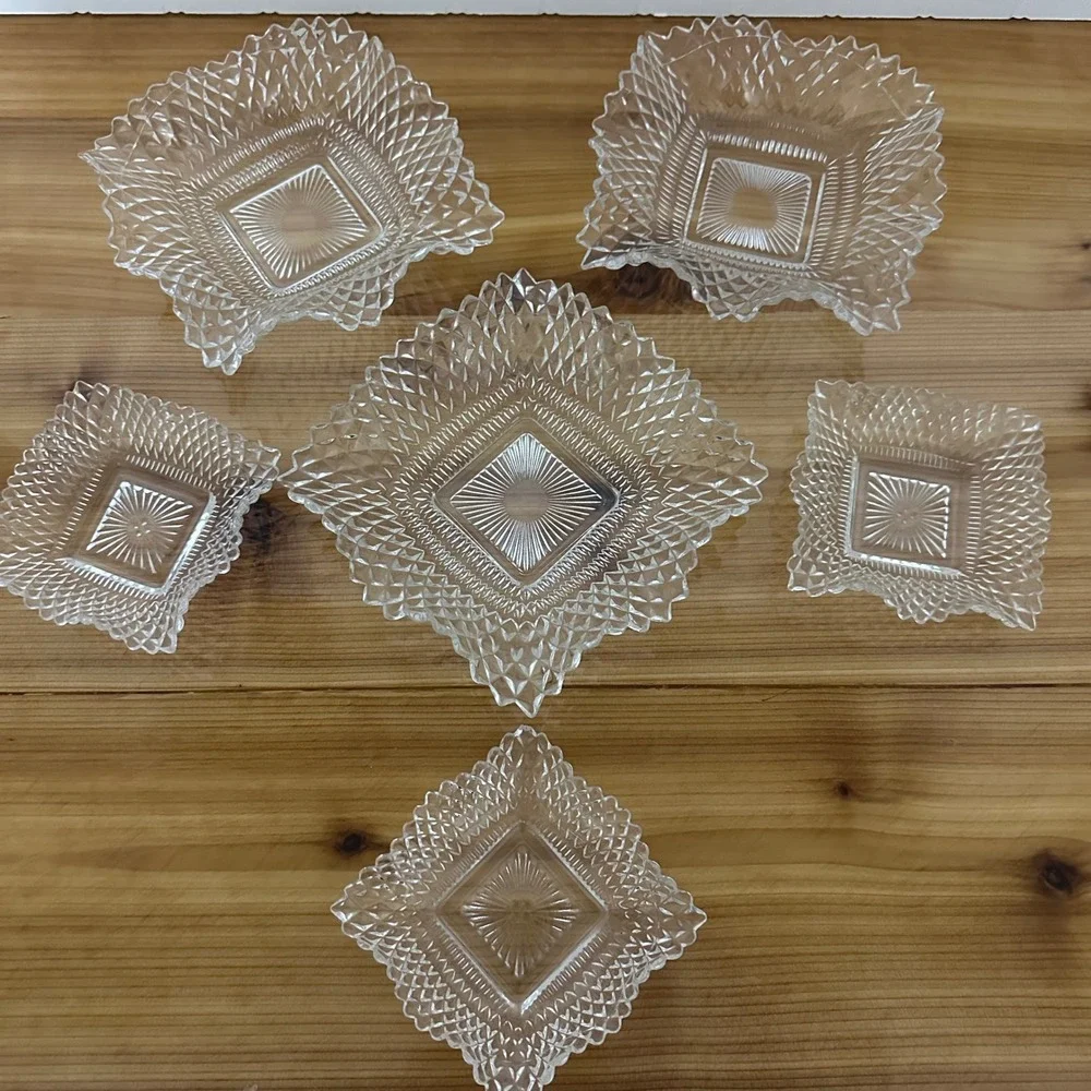 Vintage Indiana Glass Diamond Point Nut-Candy Dish 6pc Exc Sunburst 1 Tip Chip